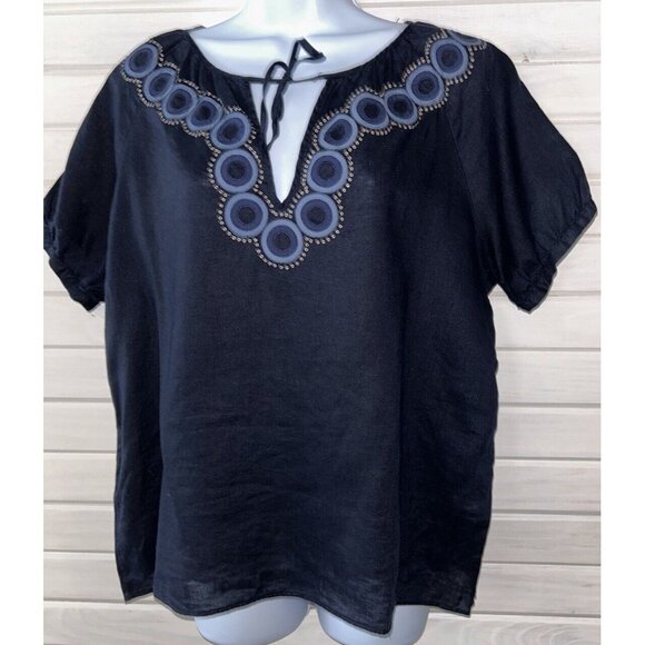 J. Crew Vintage Closet Sz 12 Navy Blue Peasant Blouse 100% Linen Sequins EUC - Picture 1 of 9